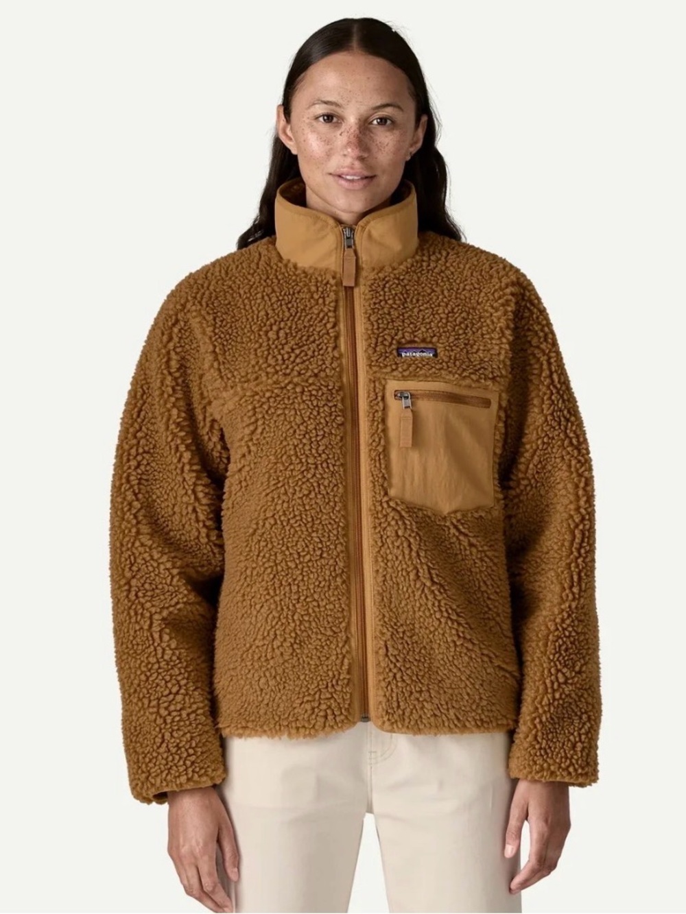 Patagonia Women’s Tan Sherpa Fleece Jacket with Orange Chest Pocket - Picture 8 of 8